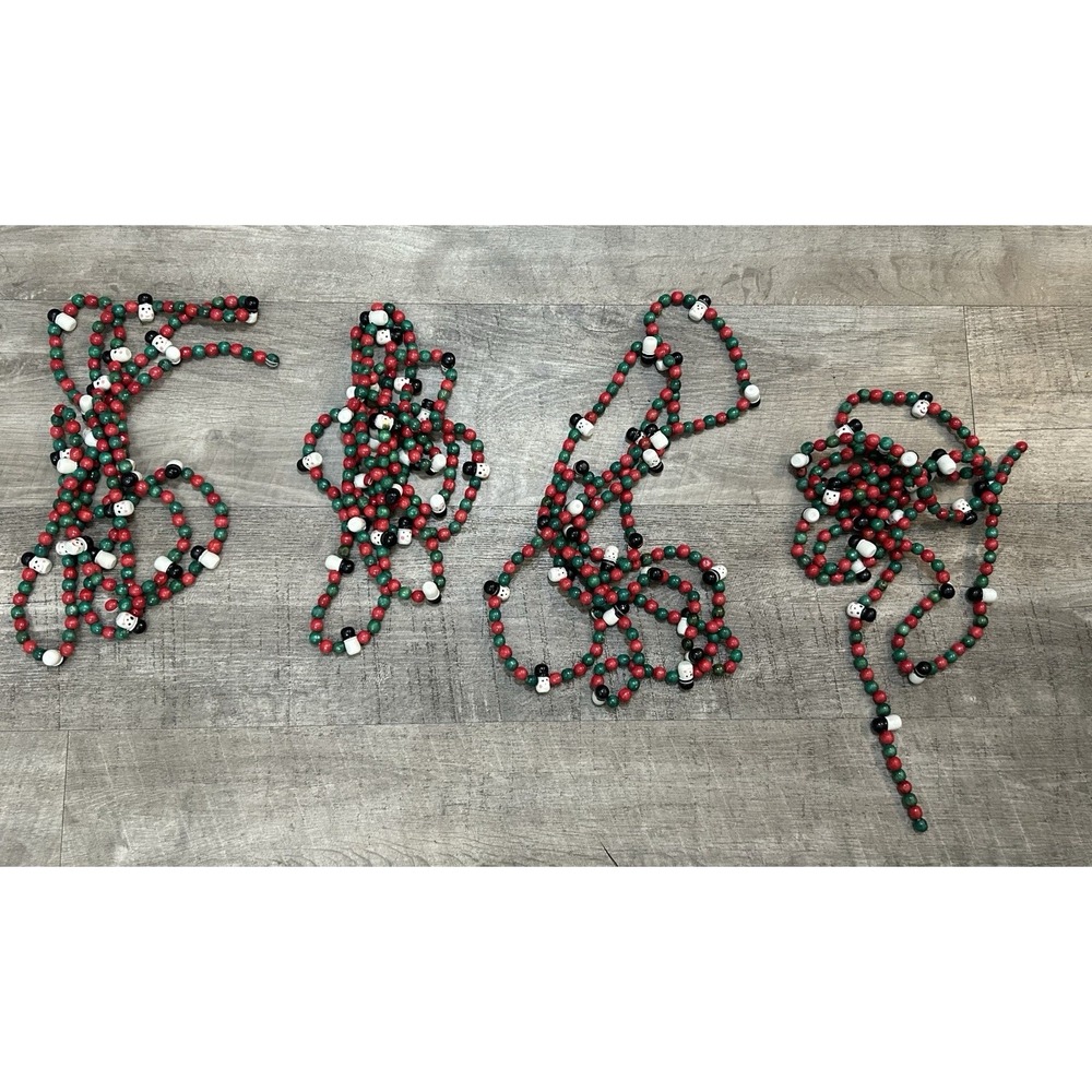4 Garland Strands Red Green White Wood Wooden Beads Christmas Snowman 102"‎ Each